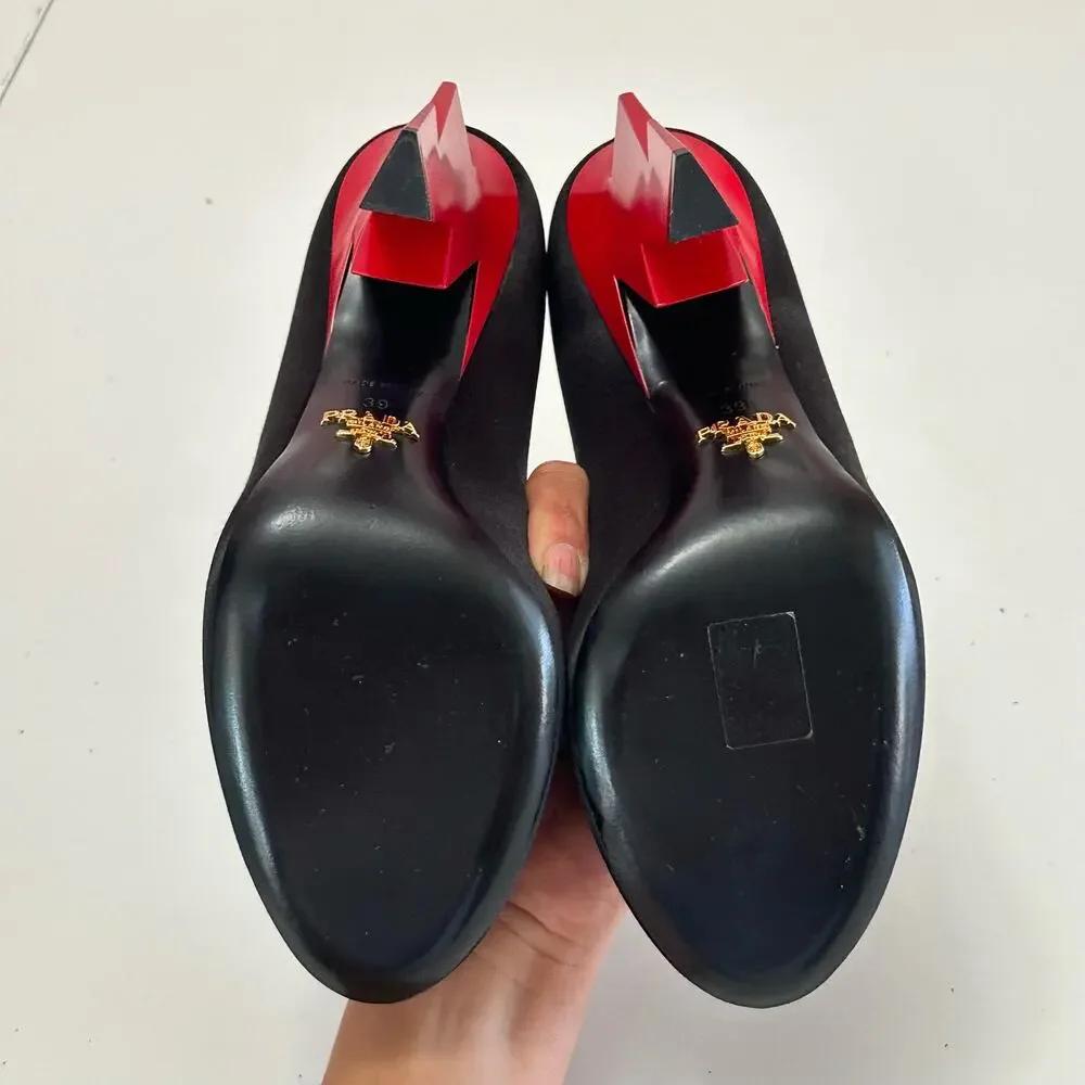 PRADA Lightning cloth heels black satin red heel pumps size 39 EUC - Picture 8 of 11